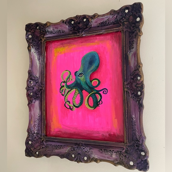 Original Octopus Acrylic Painting over a Thrifted Framed Art Print - 26x22” - Picture 3 of 9